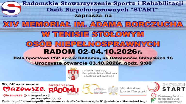 Zapraszamy do udziału w XIV Memoriale im. Adama Borczucha w Tenisie Stołowym Osób Niepełnosprawnych, Radom 02-04.10.2026